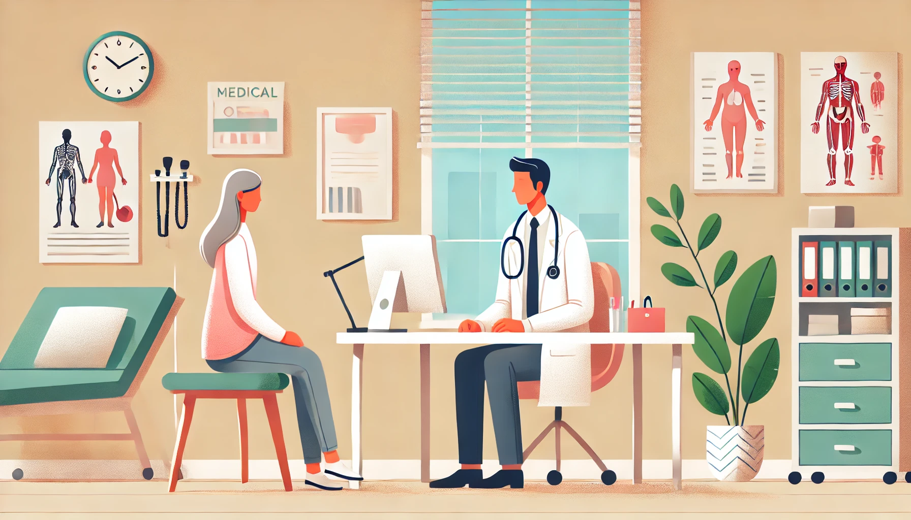 Primary care physician in a medical office talking to a patient, but preoccupied about medical billing changes his practice faces in 2025 including changes to Medicare, telehealth billing, and the related documentation changes required to permit accurate E/M coding that will meet the new guidelines. The illustration emphasizes the financial impact of upcoming regulatory changes and the importance of proactive billing strategies and revenue cycle optimization.