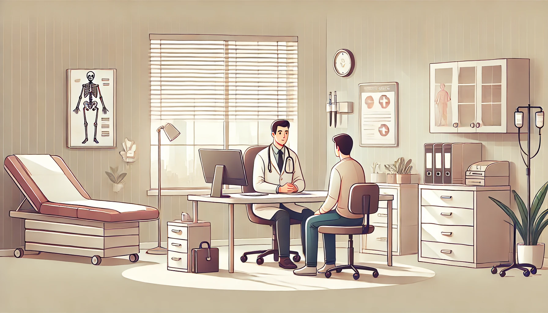 Primary care physician in a medical office talking to a patient, but preoccupied about medical billing changes his practice faces in 2025 including changes to Medicare, telehealth billing, and the related documentation changes required to permit accurate E/M coding that will meet the new guidelines. The illustration emphasizes the financial impact of upcoming regulatory changes and the importance of proactive billing strategies and revenue cycle optimization.